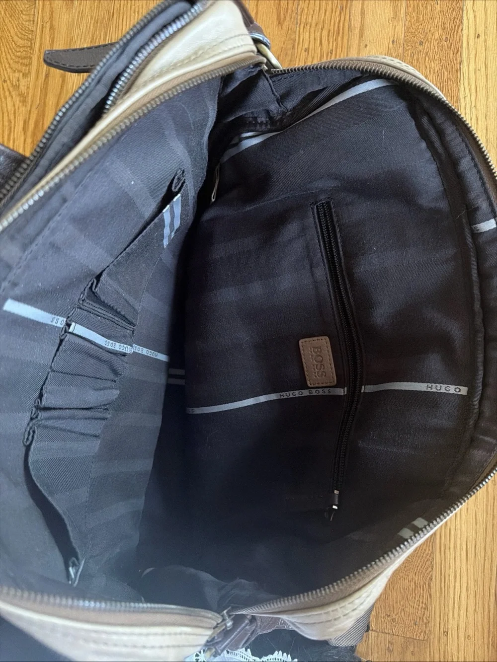 Boss Beige Canvas Laptop Bag with Brown Leather Handles